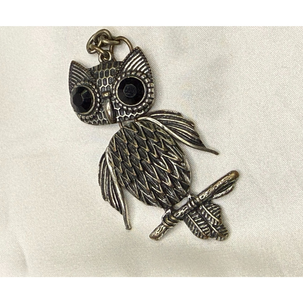 Vintage Metal Owl Black Eyes Pendant Necklace Chain Jewelry Pendant